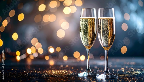 Dos copas de champán con burbujas y luces bokeh en un ambiente festivo y elegante