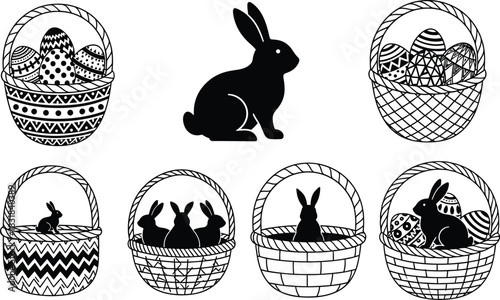 Easter baskets with decorated eggs and cute bunny silhouettes in black and white vector illustration perfect for holiday designs and seasonal artwork