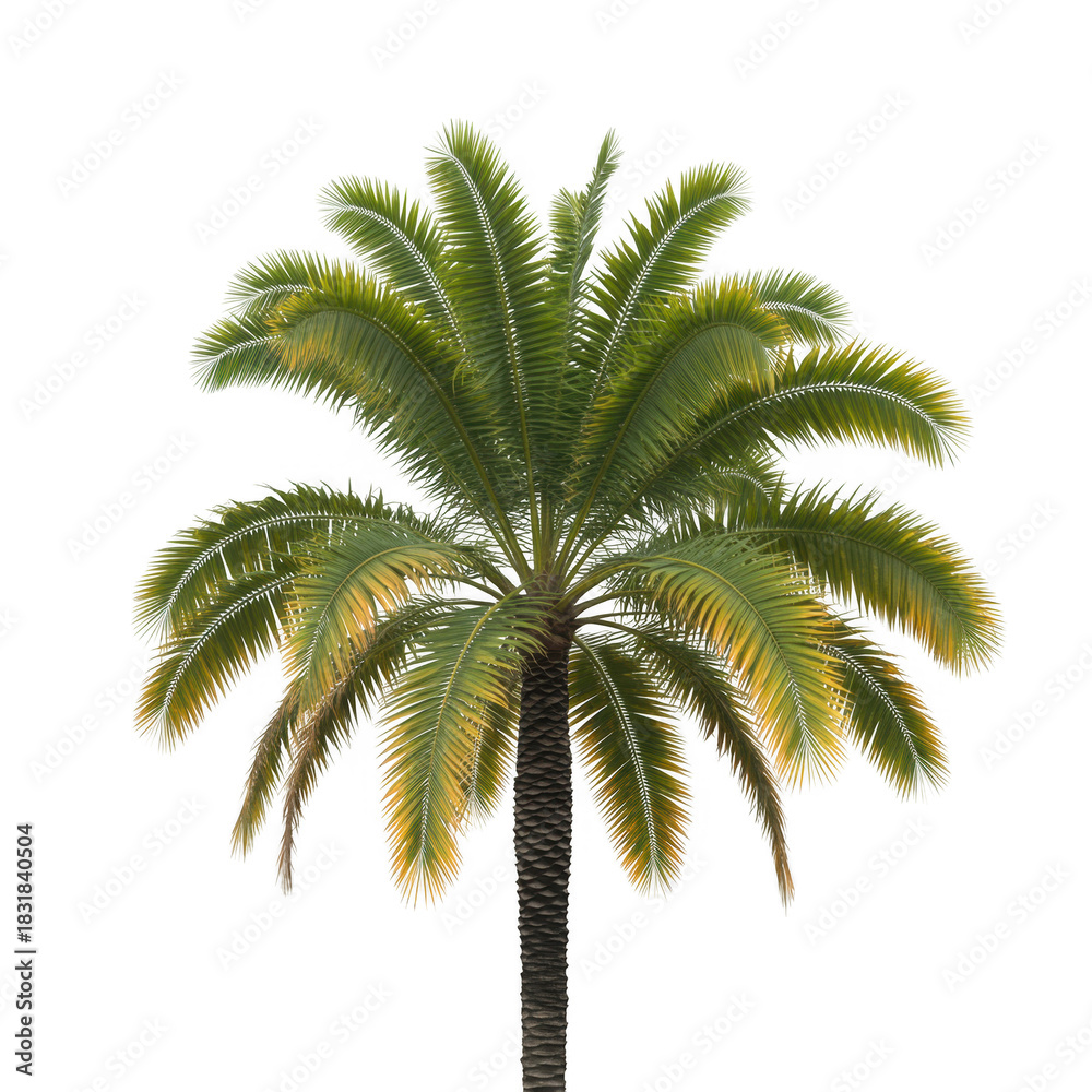 Obraz premium Tall palm tree with green and yellow fronds against a black background isolated on a transparent background