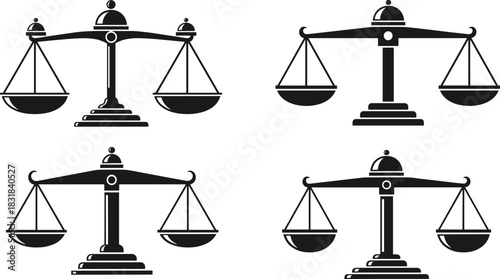 Set of justice balance scale icons in classic black silhouette style representing law, equality, fairness, legal services, attorney branding and court concepts