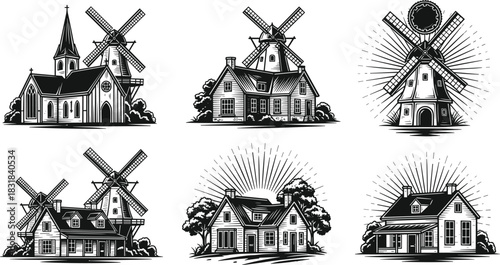 Vintage windmill and countryside house illustrations featuring rustic buildings, sunburst accents and detailed architecture perfect for farm branding, rural design and heritage artwork