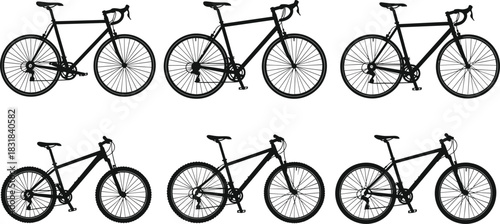 Bicycle silhouette collection featuring road bikes and mountain bikes with detailed frames and wheels perfect for cycling design, sports graphics and outdoor themes