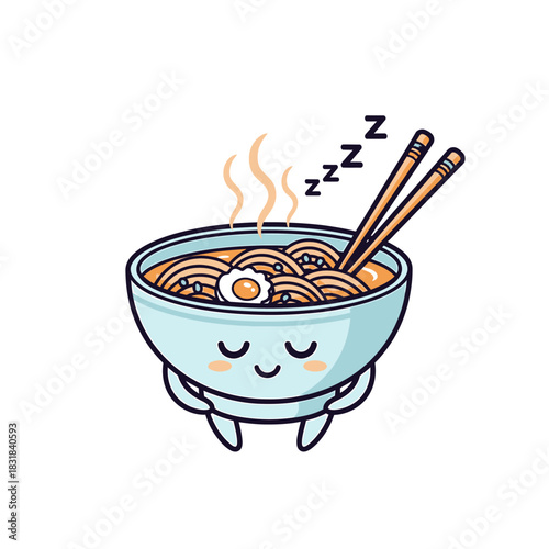 Cute sleeping ramen bowl with chopsticks and steam.