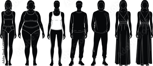 Male and female body silhouette collection showing various body types, outfits, fashion poses and figure templates for clothing design, anatomy reference and illustration work