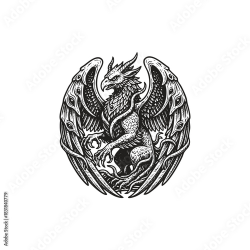 vector illustration of a powerful Griffin or Gryphon with detailed, eye-covered wings and wrapped in organic vines