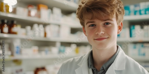 A young man wearing a lab coat, standing in a pharmacy with shelves of medication behind him.
