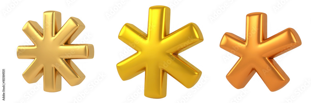 Fototapeta premium Three metallic asterisks in gold and bronze on a black background isolated on a transparent background