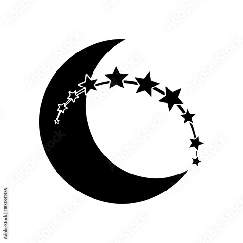 Mystical crescent moon with flowing stars creating a celestial design element