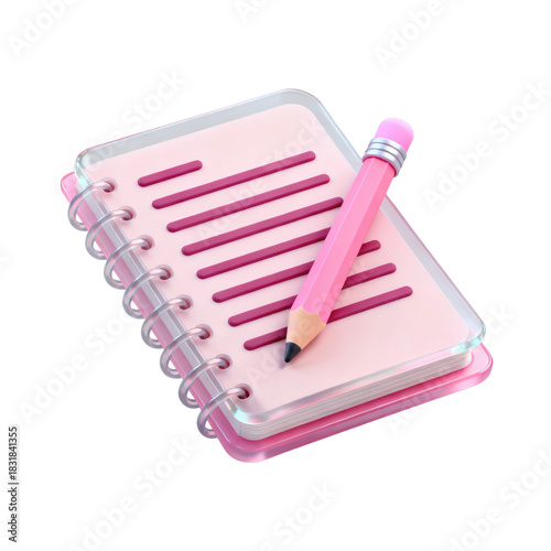 3D Rendered Pink Transparent Spiral Notebook with Pink Pencil for Stationery, Study or Education Concept