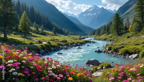 Himalayan River and Wildflowers Scenic View in 4K for Aesthetic Nature PC Laptop Wallpaper