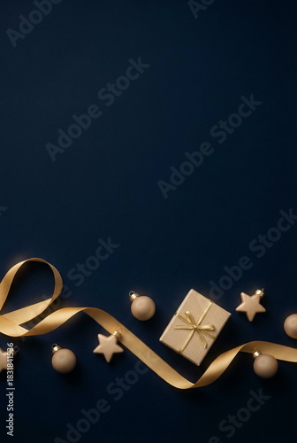 Christmas or New Year background with gift box and fir branch decorations on dark blue backdrop. empty copy space for text.holiday and celebration concept for postcard or invitation. top view