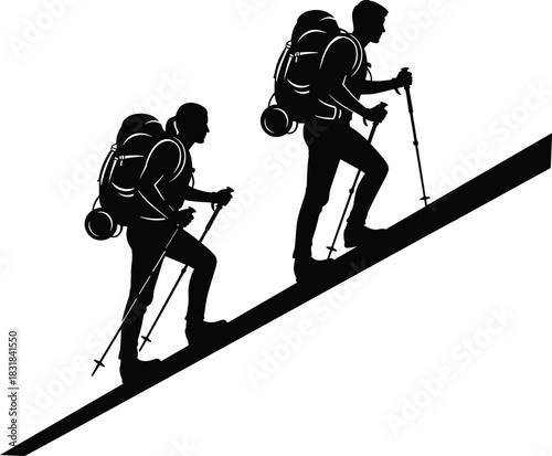 Black silhouette vector illustration of a male and female hiker with large backpacks and trekking poles climbing a steep slope, representing adventure, trekking, and outdoor mountain sports.