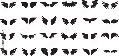 Black angel wings collection showcasing various shapes and sizes in an array of different styles