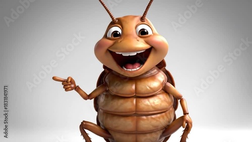 A cartoon cockroach with an expressive face, standing against a gradient white background