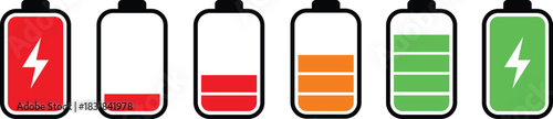 Battery Charge Level Indicator Icons Set. Full, Low, Empty, and Charging Status Bar Graphic Elements.