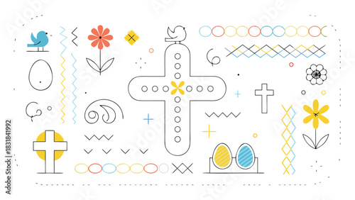 A collection of minimalist easter themed icons and symbols including crosses eggs flowers and a bird arranged in a playful and decorative pattern on a white background