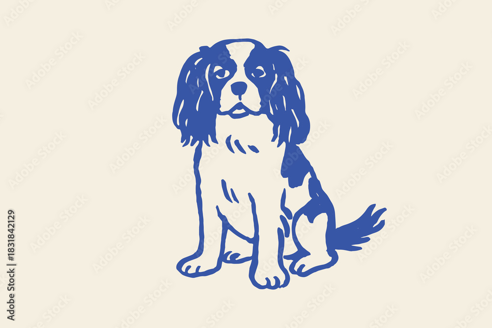 Obraz premium Cavalier spaniel sitting naive sketch dog vector illustration