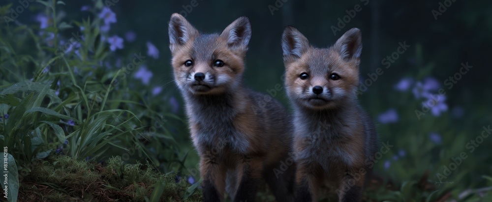 Obraz premium Curious fox kits investigate the forest floor during early dawn.