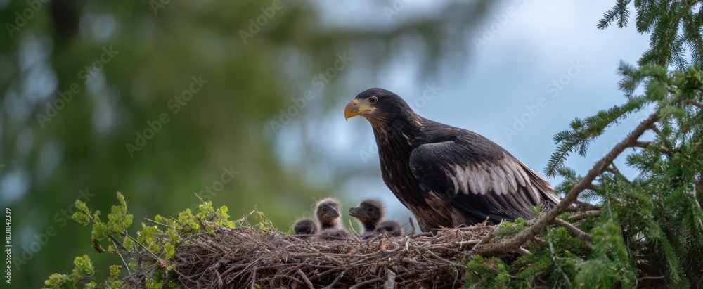 Naklejka premium Majestic eagle nurturing its vulnerable young nestlings in the cozy nest.