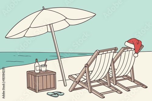 Tropical Maldives beach with tan chairs, white parasol, and Santa hat, evoking Christmas and New Year festive vacation mood.