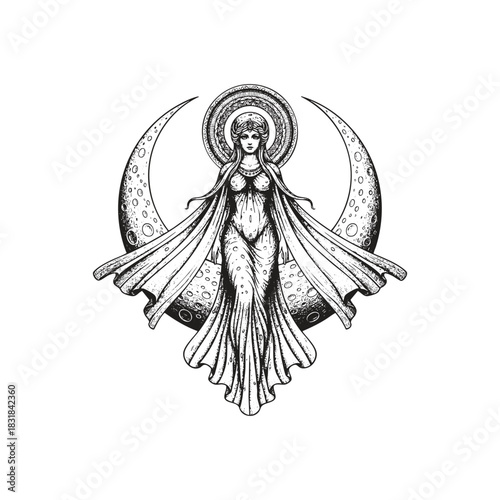 vector illustration of Selene, the Greek Goddess of the Moon, standing gracefully before a detailed, cratered crescent moon