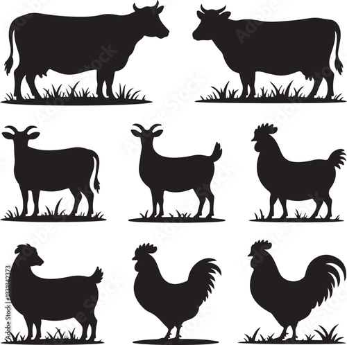 Farm animal silhouettes of cow goat and rooster for various designs