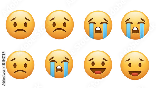 A collection of yellow emoticons showing a range of expressions from sad and crying to happy and smiling