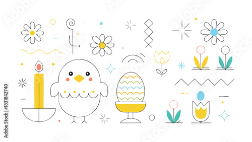 Cute cartoon chick with easter egg candle and flowers in a simple flat design style perfect for spring and holiday celebrations