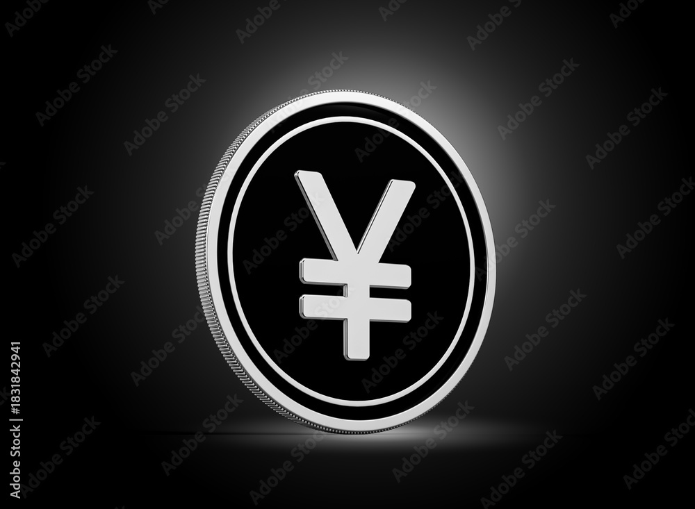 Obraz premium Shiny Silver And Black Rounded Japanese Yen Coin Isolated On dark Background 3d Illustration