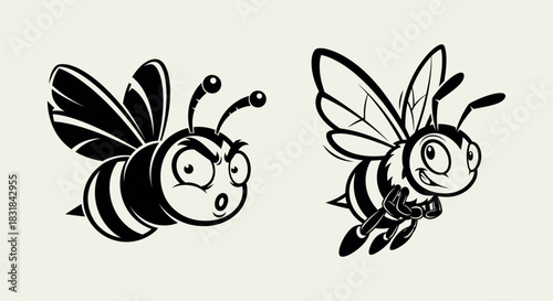 Two Expressive Cartoon Bee Characters One Grumpy and One Joyful, Presented as Monochrome Vector Illustrations for Design Projects