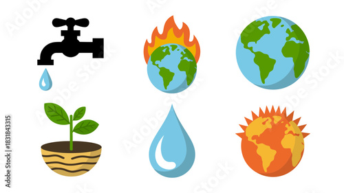 Environmental icons set, global warming, water conservation, nature elements