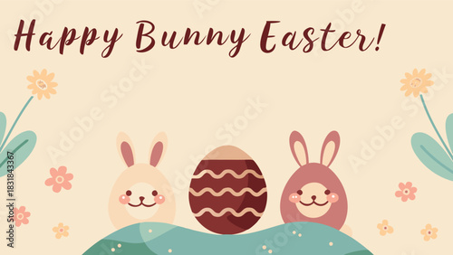 Cute cartoon easter bunnies and decorated eggs with flowers and text happy bunny easter on a pastel background festive spring holiday celebration greeting card