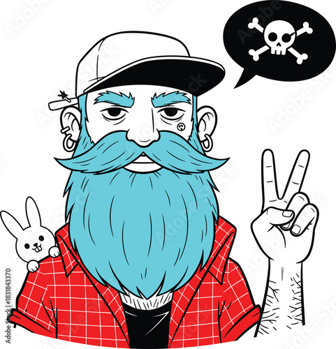 Cool hipster man with vibrant turquoise beard, cap, and piercings making a peace sign, featuring a bunny on the shoulder and a skull warning in a speech bubble, modern vector character illustration.