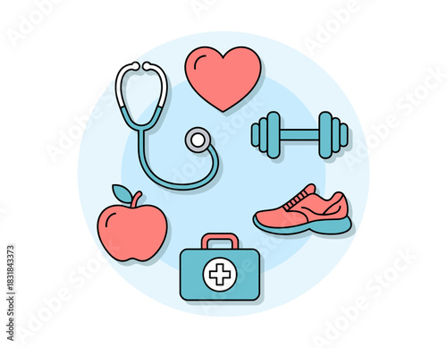 Health and wellness lifestyle icons set, medical care, fitness symbols