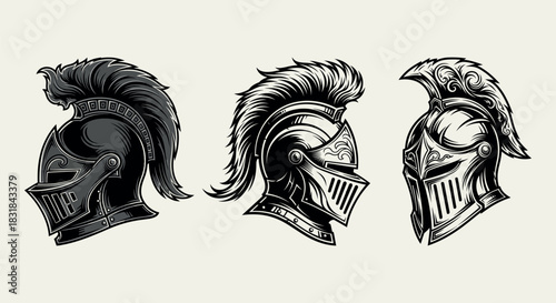 Collection of three detailed medieval knight helmets with plumes. An illustration representing honor, valor, and history