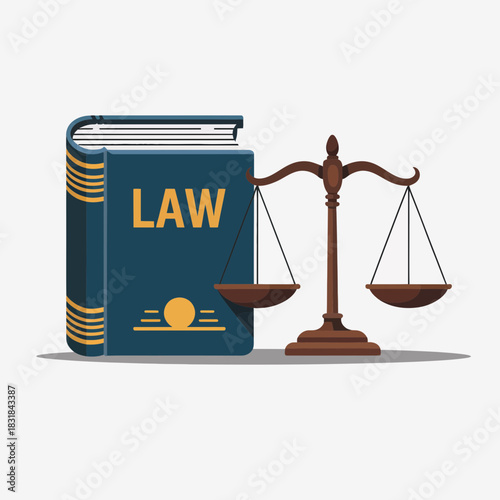 Law book and scales of justice, legal system symbol, vector illustration