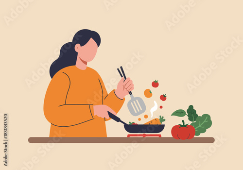 Woman cooking healthy vegetables in a pan, preparing a delicious meal
