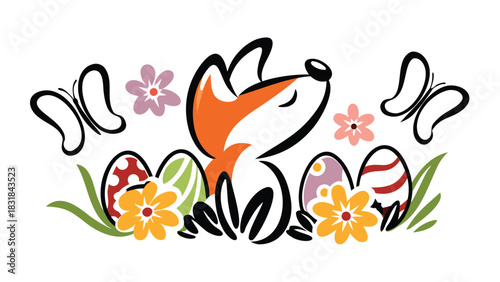 Cute cartoon fox with closed eyes surrounded by colorful easter eggs flowers and butterflies on a white background perfect for spring celebrations and children s designs