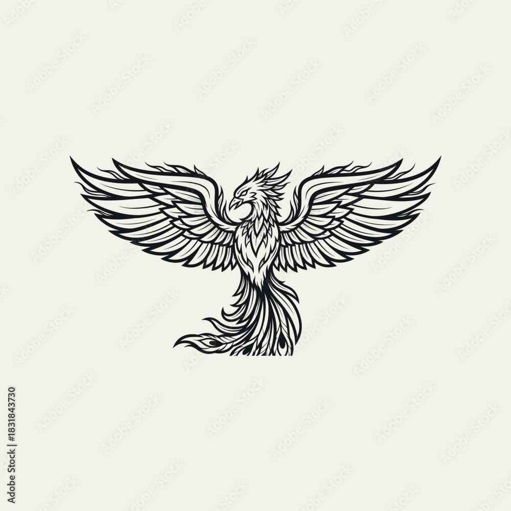 Obraz premium Elegant Phoenix Soaring A Detailed Black and White Illustration of Mythical Bird in Flight