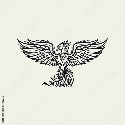 Elegant Phoenix Soaring A Detailed Black and White Illustration of Mythical Bird in Flight