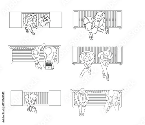 Top View Vector People in Park – Sitting on Benches, Walking, Dog Walking, Relaxing – Outdoor Set