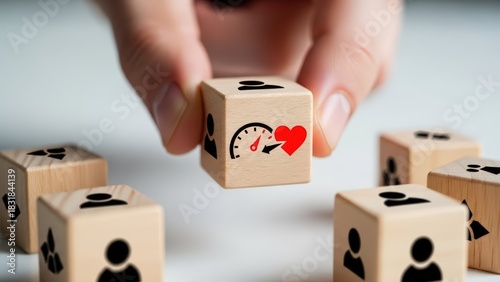 Hand selects wooden block with heart rate monitor icon representing health management and personal well-being