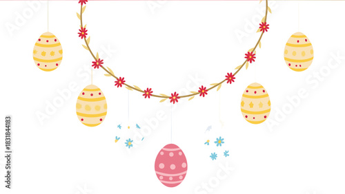Festive easter eggs decorated with patterns and flowers hang from a garland of leaves and red blossoms creating a cheerful spring celebration