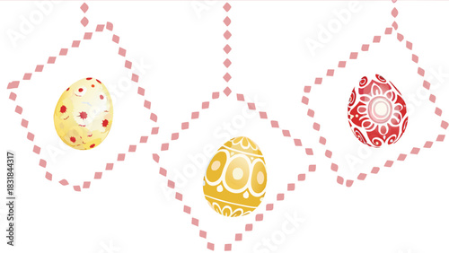 Three beautifully decorated easter eggs with unique patterns are displayed against a white background connected by a whimsical pink diamond chain design