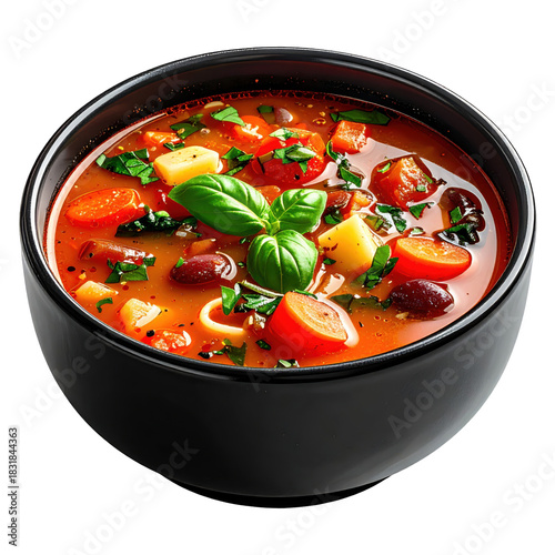 A rich and colorful minestrone soup with a sprinkle of parmesan cheese, beautifully presented isolated on a stark white background