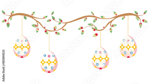 Whimsical easter eggs with floral patterns and golden accents hang from a decorative branch adorned with green leaves and red berries on a white background