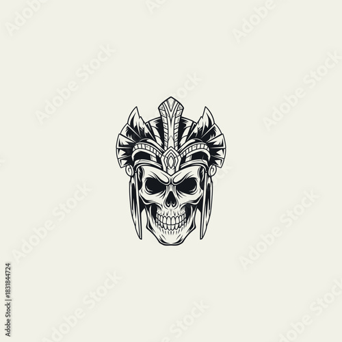 Ornate Skull Warrior in Black and White Illustration