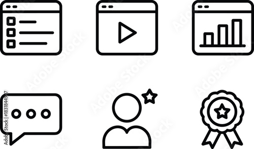 software development icons, coding chat symbol collection, performance analytics window, user dialogue bubbles, interface structure layout, thumbs up positive sign, reload arrow vector art