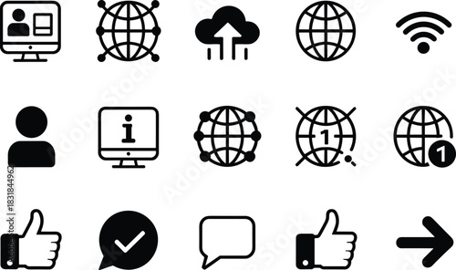 tech communication icon set, coding teamwork outline symbols, data analytics browser screen, chat message ui bubbles, layout grid interface, like hand gesture, refresh circle arrow vector