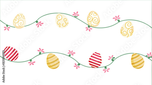 Charming easter egg garland with swirls and stripes adorned with pink flowers on a white background